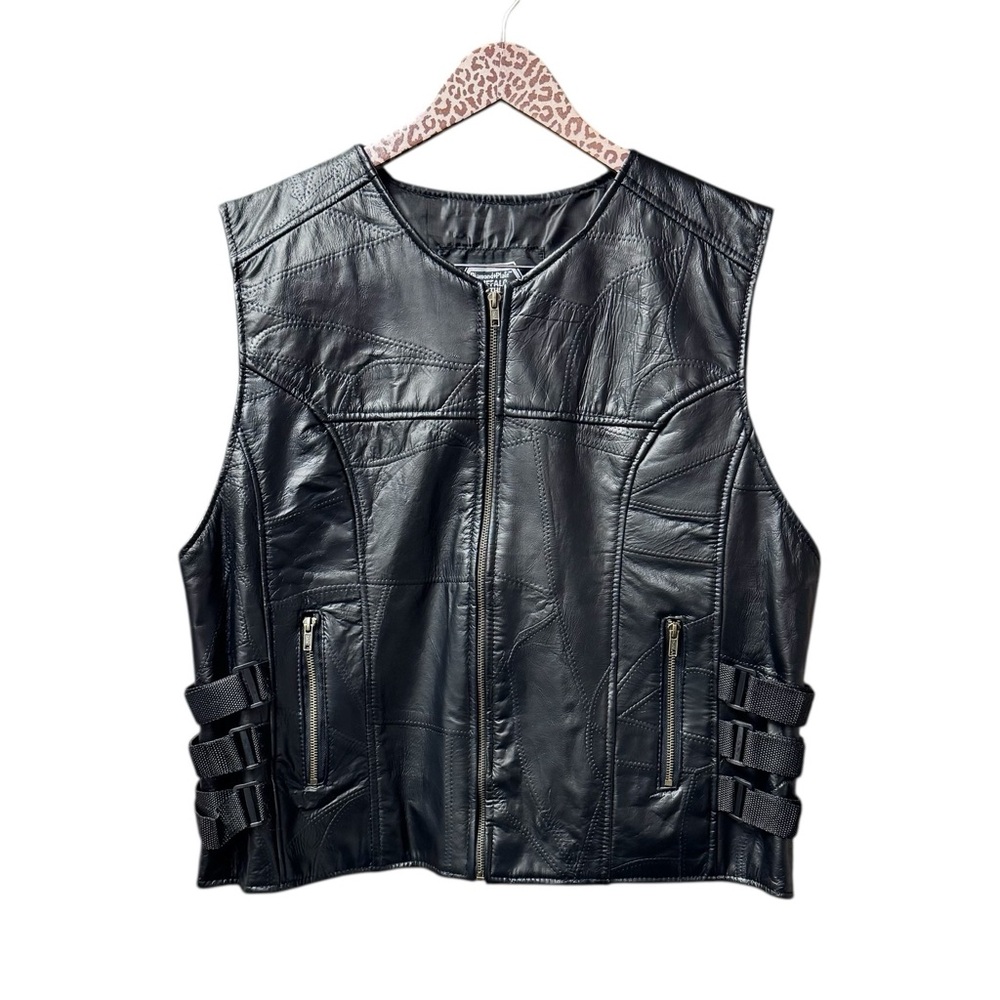 NEW Diamond Plate Buffalo Leather Sleeveless Biker Vest Black XL NWT